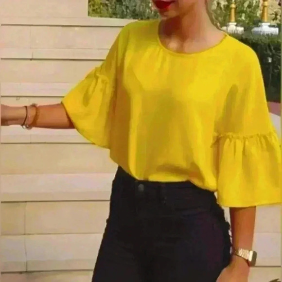 Yellow Gold ruffle short  sleeve Summer blouse - Picture 1 of 6
